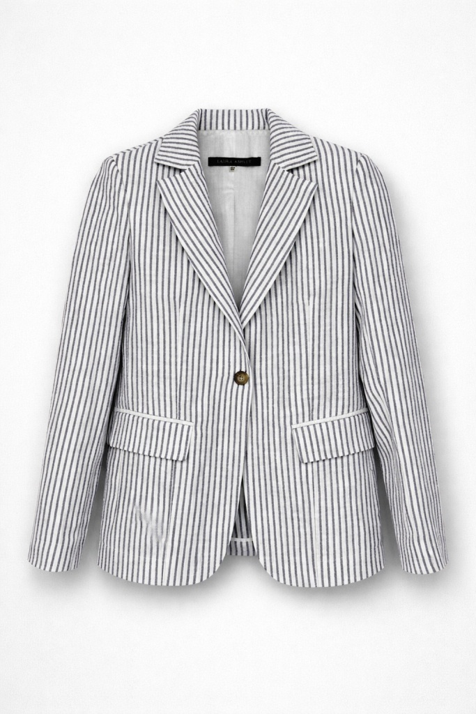 Жіночий лляний жакет у біло-сіру смужку